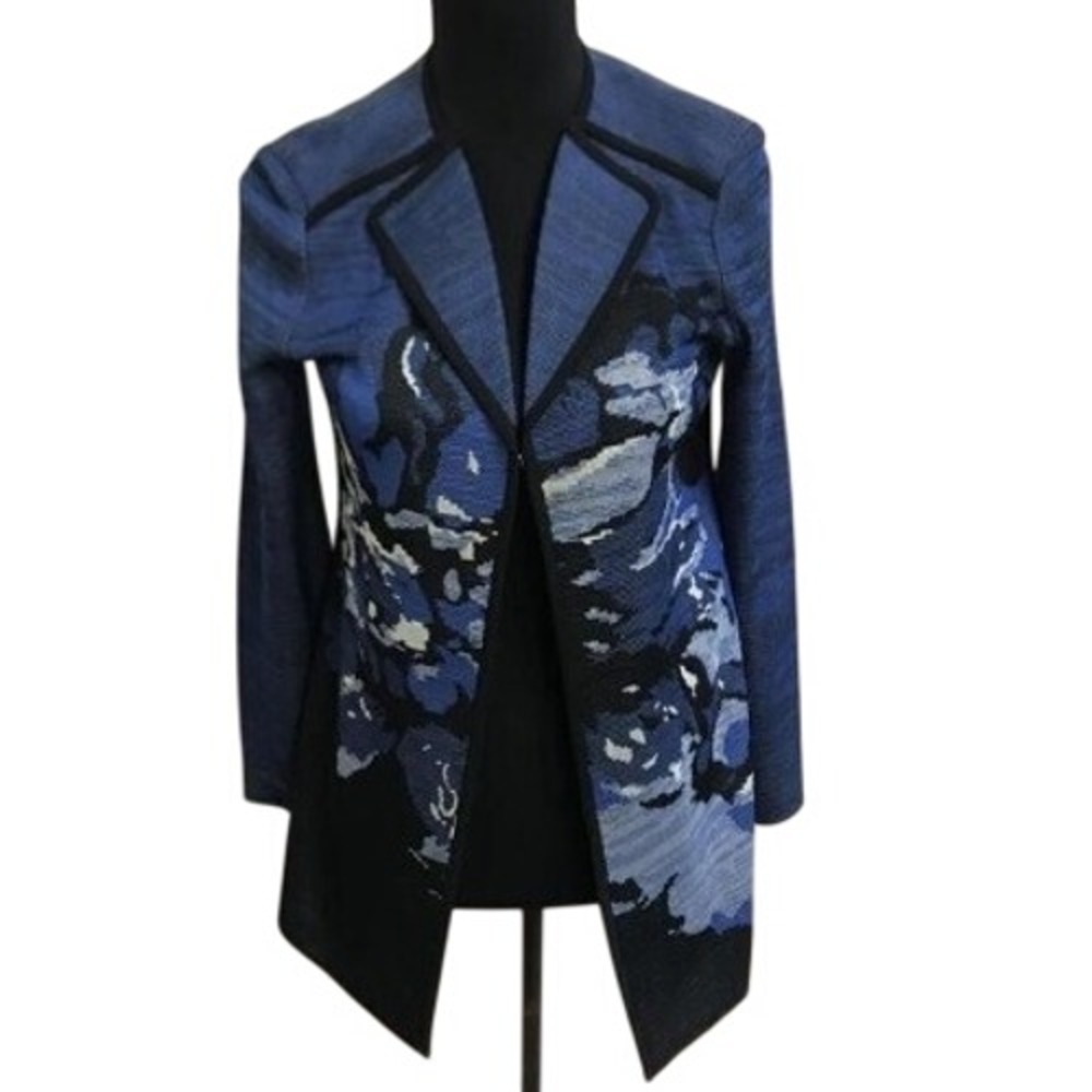 NWT Misook XS Burnout Floral Knit Jacket Blue Black Art Wear Blazer Open Front